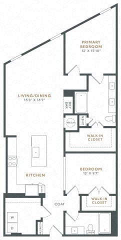 Floor plan for 2 beds, 2 baths, 1296 sqft